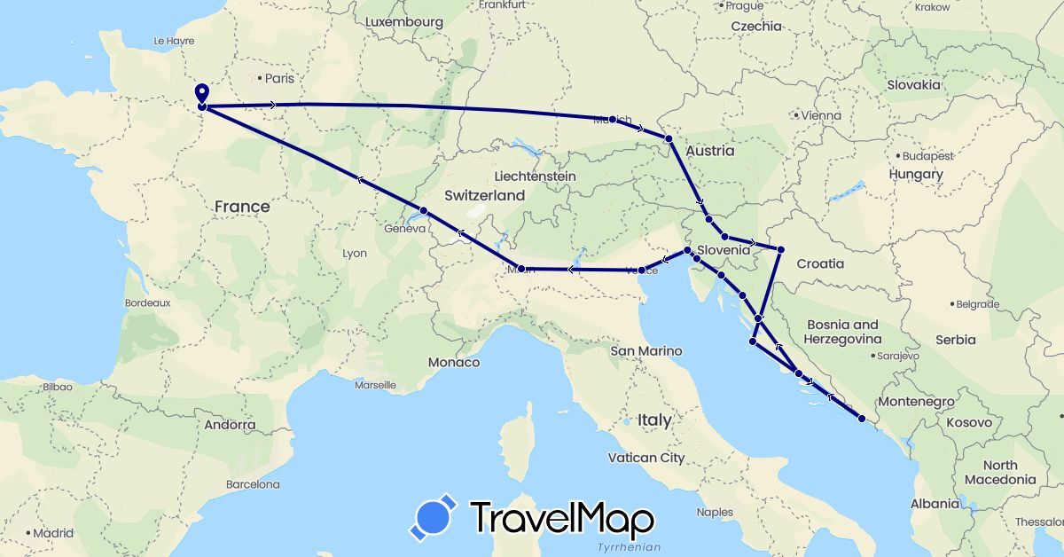 TravelMap itinerary: driving in Austria, Switzerland, Germany, France, Croatia, Italy, Slovenia (Europe)